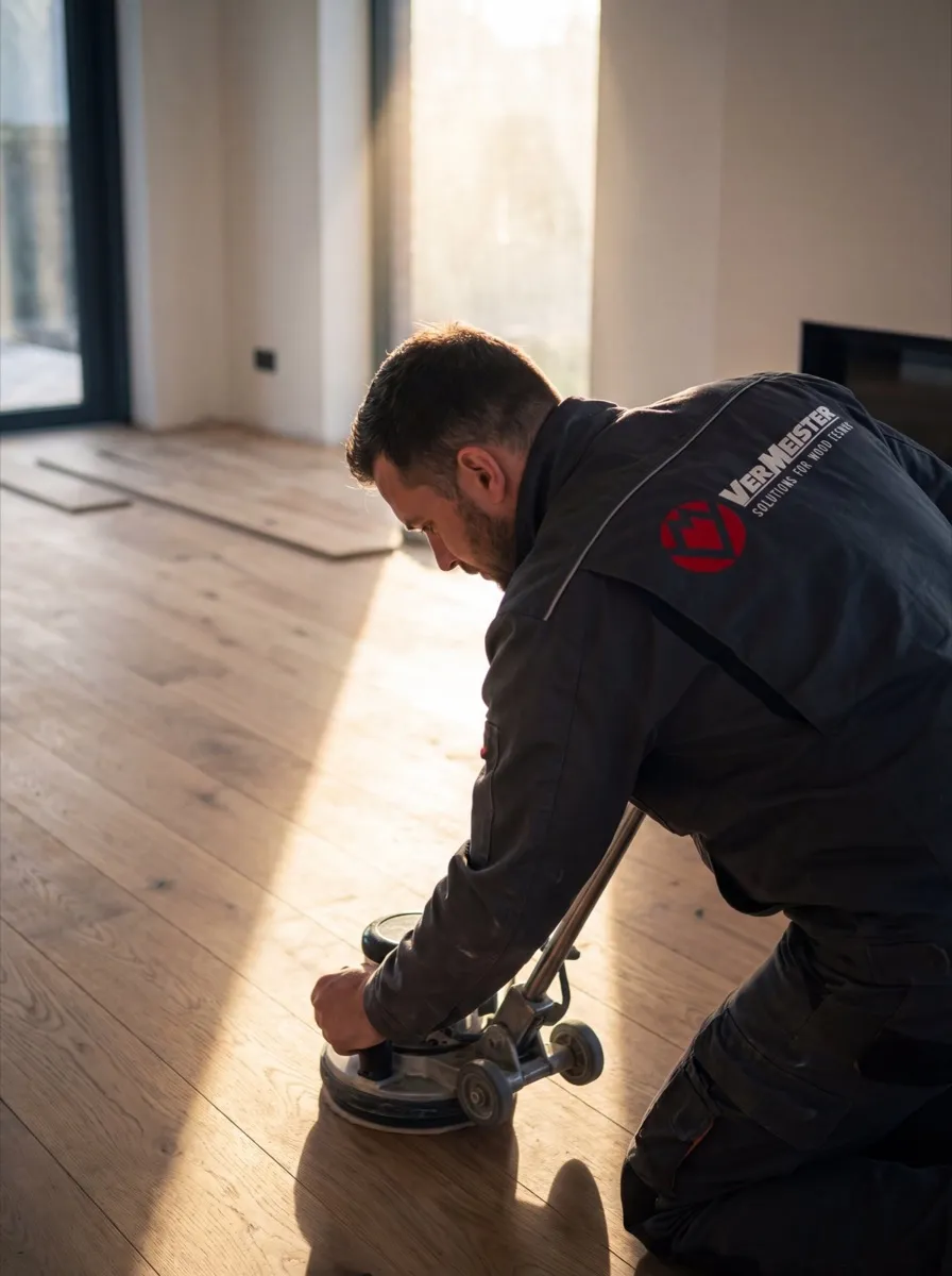 Aplicação profissional de acabamento em piso de madeira